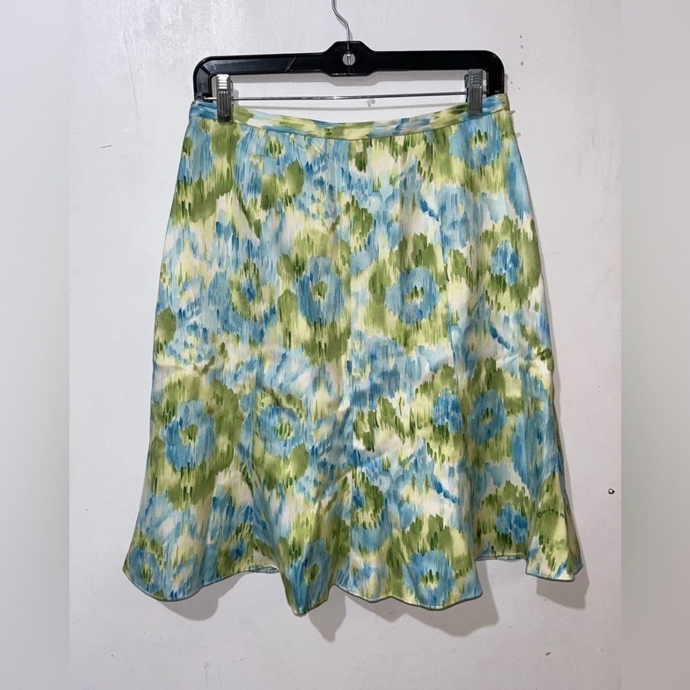 Talbots Silk Skirt Womens 8 Green Blue White Abstract Floral Knee Length A-Line